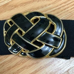 Vintage Elastic Belt black gold enamel extra long adjustable Celtic knot frog